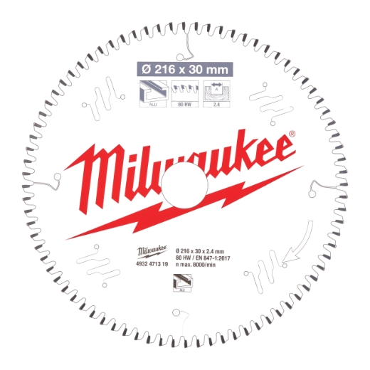 MILWAUKEE 216/30 mm Z80 Flachtrapezzahn negativ Sägeblatt Alu für Kapp- und Gehrungssägen