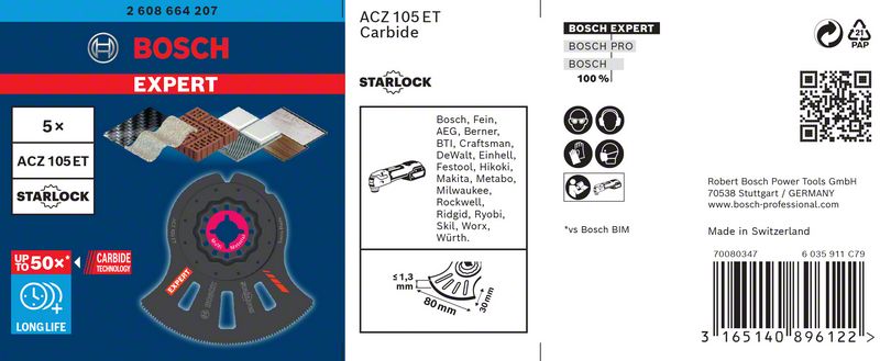 BOSCH EXPERT MultiMaterial Segment Blade (Segmentsägeblatt) ACZ 105 ET Blatt für Multifunktionswerkzeuge, 5 Stück. Für oszillierende Multifunktionswerkzeuge