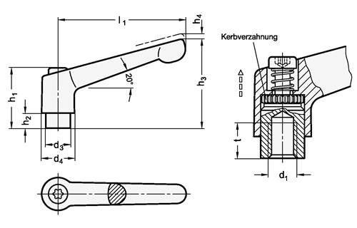 GANTER Verstellbarer Klemmhebel GN 300.1 d1 M 10mm l1 78mm l2 32mm AG GANTER