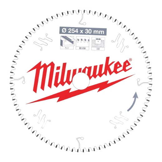 MILWAUKEE 254/30 mm Z80 Flachtrapezzahn negativ Sägeblatt Alu für Akku-Kapp- und Gehrungssägen