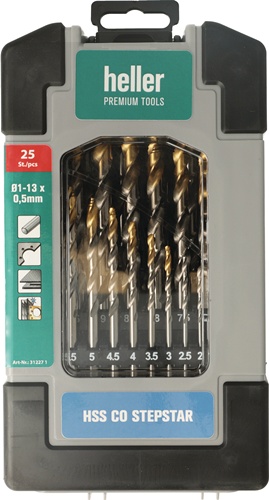 HELLER Metallbohrer-Set DIN 338 Stepstar D.1-13 HSS-Co TiN 25-tlg.Heavy-Duty Box HELLER