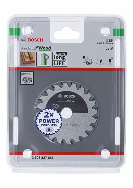 BOSCH Akku-Kreissägeblatt Standard for Wood, 85 x 1,1/0,7 x 15, 20 Zähne
