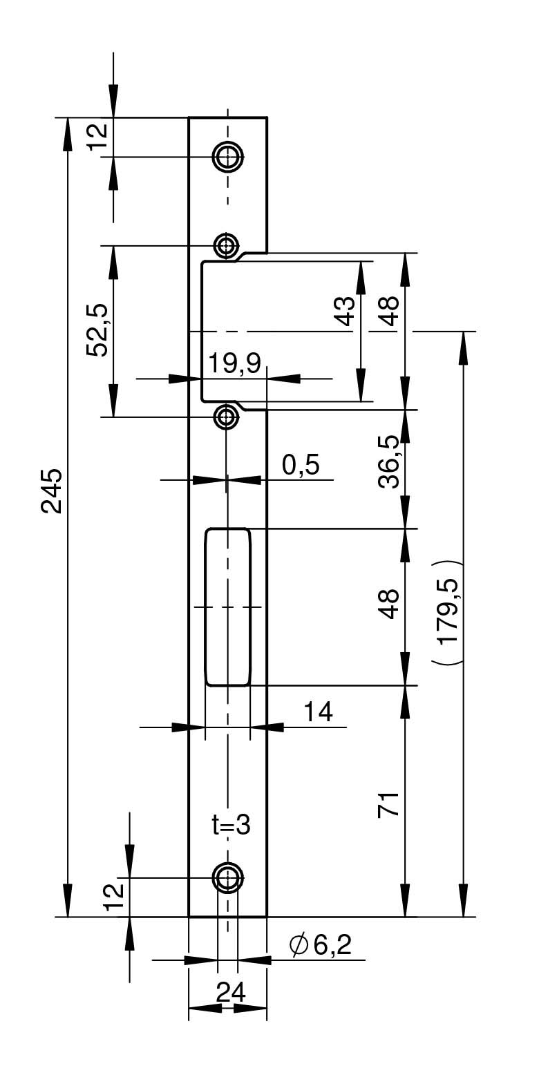 WILKA 9319 Schließblech für Rohrrahmentüren 24x3x245