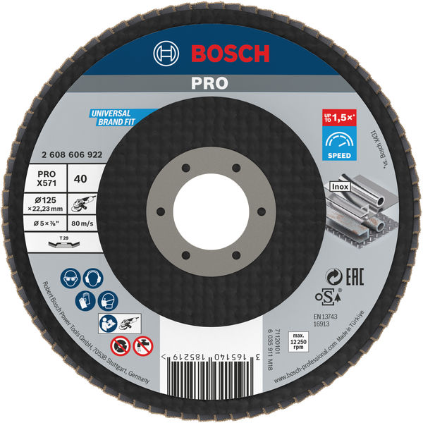 BOSCH Fächerschleifscheibe X571 Best for Metal, gewinkelt, 125 mm, 40, Glasgewebe