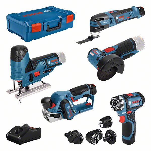 BOSCH 5er Werkzeug-Set 12V: GSR + GOP + GHO + GWS + GST + 3x GBA + GAL + XL-BOXX