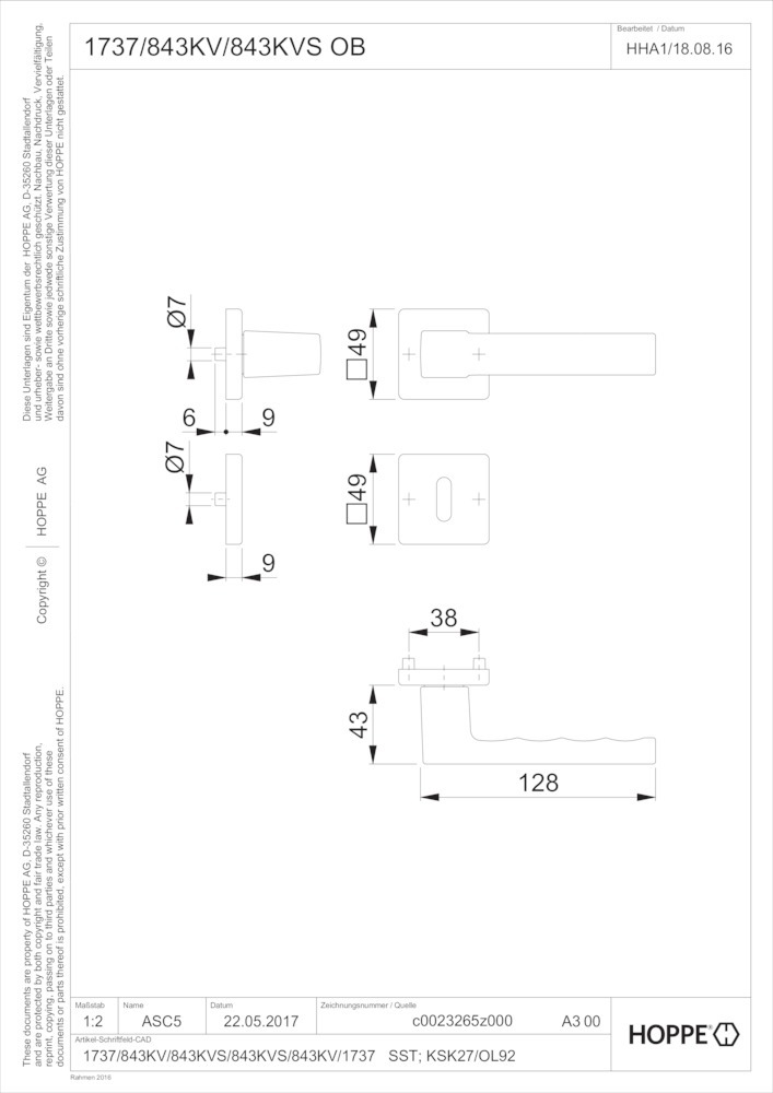 HOPPE® Drückergarnitur mit Rosetten Toulon 1737/843KV/843KVS, Aluminium