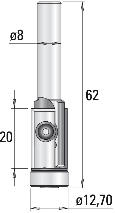 GUHDO HW-WPL-Bündigfräser Z2 S8 D12,7 l=20 L=62 mit Anlauflager 12,7