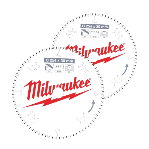 MILWAUKEE 254/30 mm Z60 Wechselzahn negativ u. 254/30 mm Z80 Flachtrapezzahn negativ Sägeblatt für Akku-Kapp- und Gehrungssägen Doppelpack