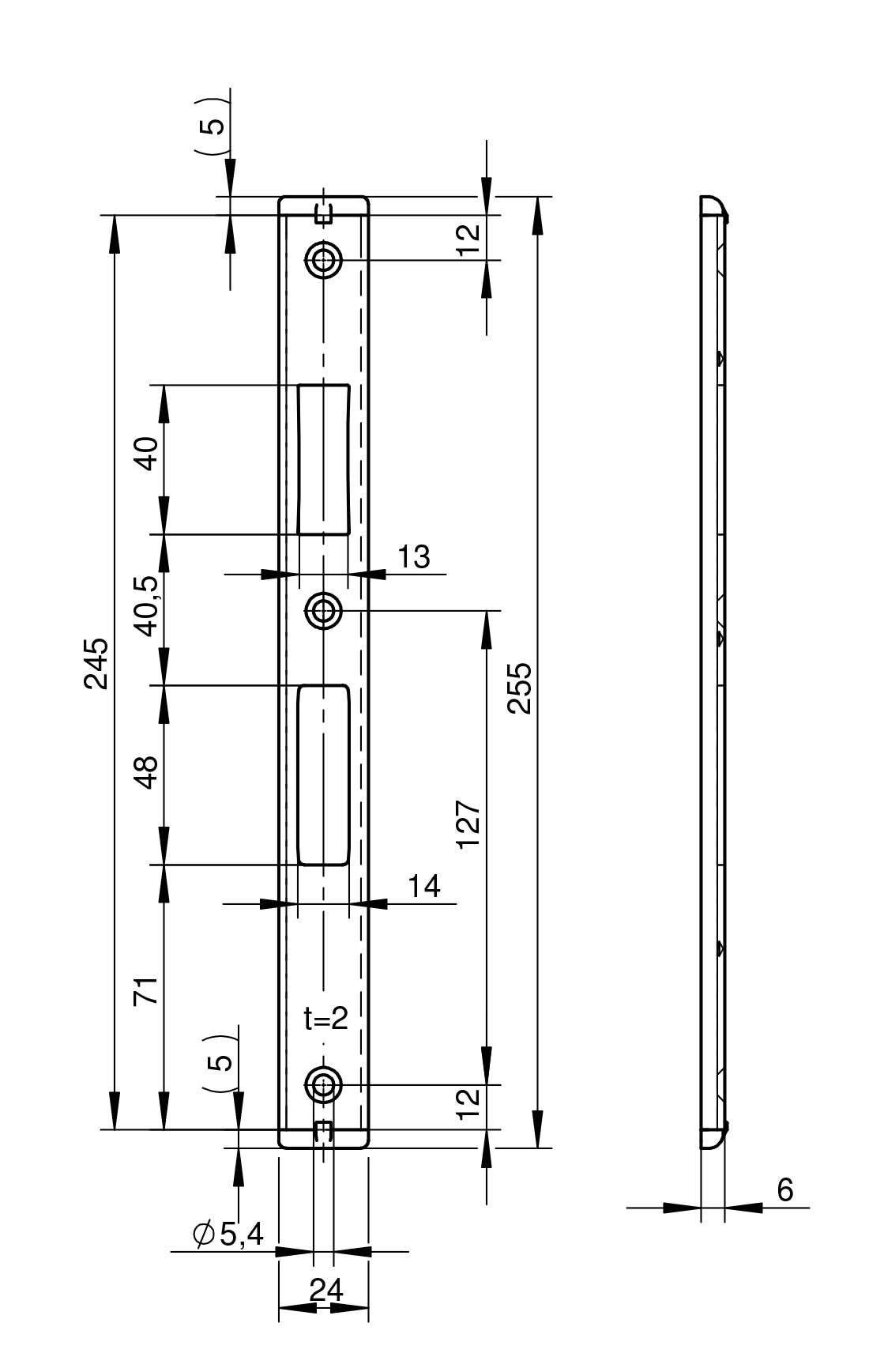 WILKA P643 Anti-Panik-Schließblech für Rohrrahmentüren 24x6x2x245