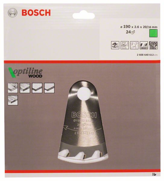 BOSCH Kreissägeblatt Optiline Wood für Handkreissägen, 190 x 20/16 x 2,6 mm, 24