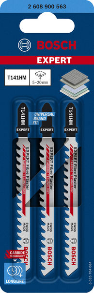 BOSCH EXPERT ‘Fiber Plaster’ T 141 HM Stichsägeblatt, 3 Stück. Für Stichsägen