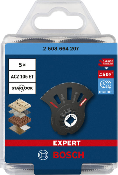 BOSCH EXPERT MultiMaterial Segment Blade (Segmentsägeblatt) ACZ 105 ET Blatt für Multifunktionswerkzeuge, 5 Stück. Für oszillierende Multifunktionswerkzeuge