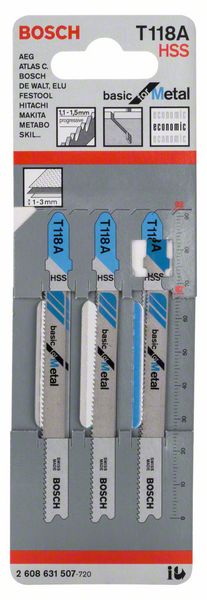 BOSCH Stichsägeblatt T 118 A Basic for Metal, 3er-Pack