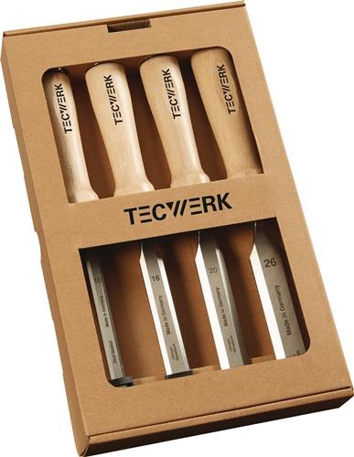TECWERK Stechbeitelsatz 10,16,20,26mm Weißbuchenh.Ulmer Form 4-tlg.Fensterkarton TECWERK