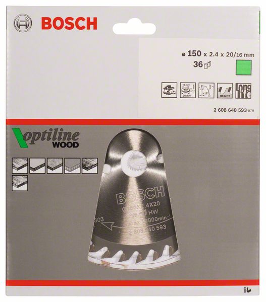 BOSCH Kreissägeblatt Optiline Wood für Handkreissägen, 150 x 20/16 x 2,4 mm, 36