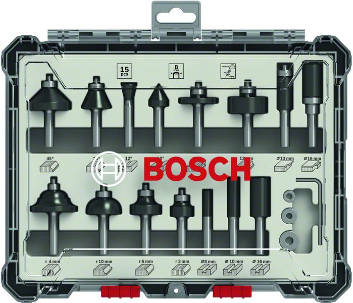 BOSCH Fräser-Set, 8-mm-Schaft, 15-teilig