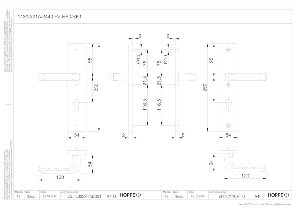 HOPPE® Schutz-Drückergarnitur mit Langschild London 113/2221A/2440, 8/72 mm, Aluminium, 1775385