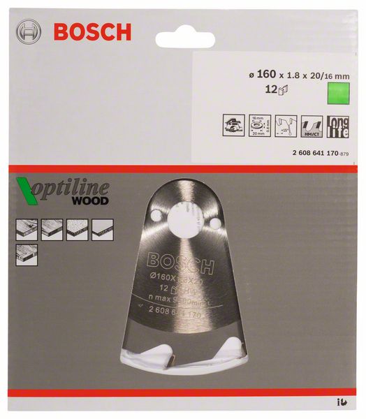 BOSCH Kreissägeblatt Optiline Wood für Handkreissägen, 160 x 20/16 x 1,8 mm, 12