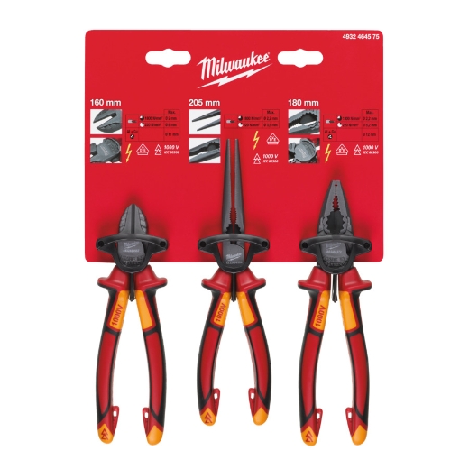 MILWAUKEE Seitenschneider 160 mm, Langbeck-Rundzange, Kombizange 180 mm Zangenset 3-teilig, VDE geprüft