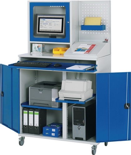 RAU Computerschrank H1895xB1100xT520mm mob.blau lichtgrau Monitorgeh.Lochpl.Pult