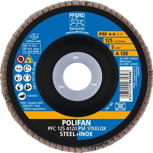PFERD Fächerscheibe POLIFAN A PSF STEELOX D.125mm K.120 kon.Stahl/Holz Korund A PFERD