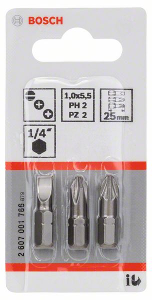 BOSCH Schrauberbit-Set Extra-Hart (gemischt), 3-teilig, S 1,0x5,5, PH2, PZ2, 25 mm