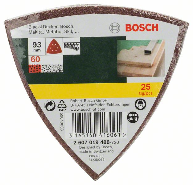 BOSCH Schleifblatt-Set für Deltaschleifer, 93 mm, 60, 6 Löcher, 25er-Pack