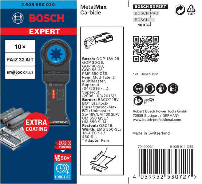 BOSCH EXPERT MetalMax PAIZ 32 AIT Blatt für Multifunktionswerkzeuge, 50 x 32 mm, 10 Stück. Für oszillierende Multifunktionswerkzeuge