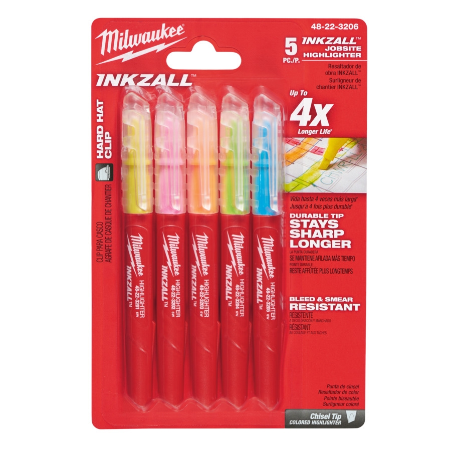 MILWAUKEE blau, grün, gelb, orange, pink INKZALL Leuchtmarker Set 5-teilig