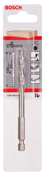 BOSCH Holzspiralbohrer mit 1/4 Zoll-Sechskantschaft, 6 x 63 x 106 mm