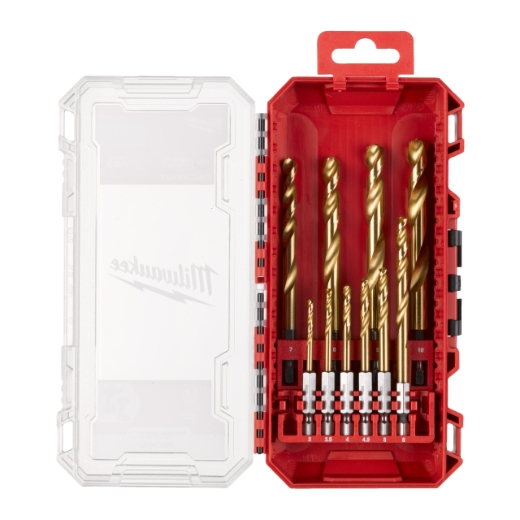 MILWAUKEE 10-teiliges Set in PACKOUT kompatibler Kassette SHOCKWAVE Metallbohrer HSS-G RED HEX Titan 1/4"