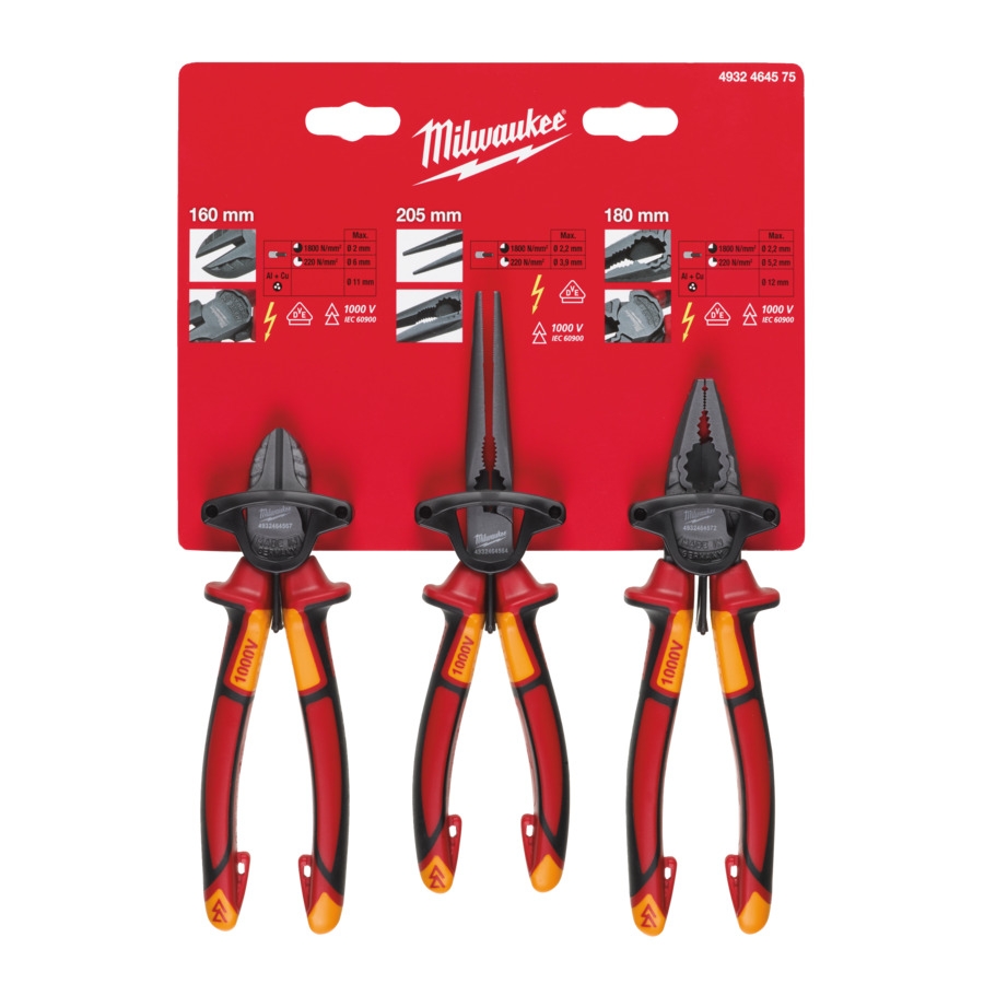 MILWAUKEE Seitenschneider 160 mm, Langbeck-Rundzange, Kombizange 180 mm Zangenset 3-teilig, VDE geprüft