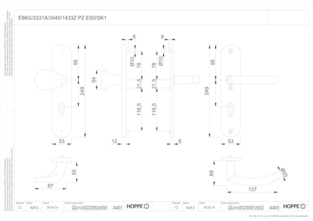 HOPPE® Schutz-Wechselgarnitur mit Langschild Alta E86G/3331A/3440/1433Z, 8/72 mm, Edelstahl, 11728218
