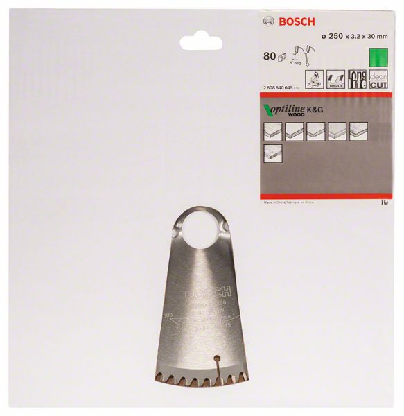 BOSCH Kreissägeblatt Optiline Wood für Kapp- und Gehrungssägen, 250 x 30 x 3,2 mm, 80