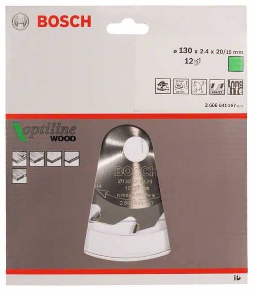 BOSCH Kreissägeblatt Optiline Wood für Handkreissägen, 130 x 20/16 x 2,4 mm, 12 Zähne